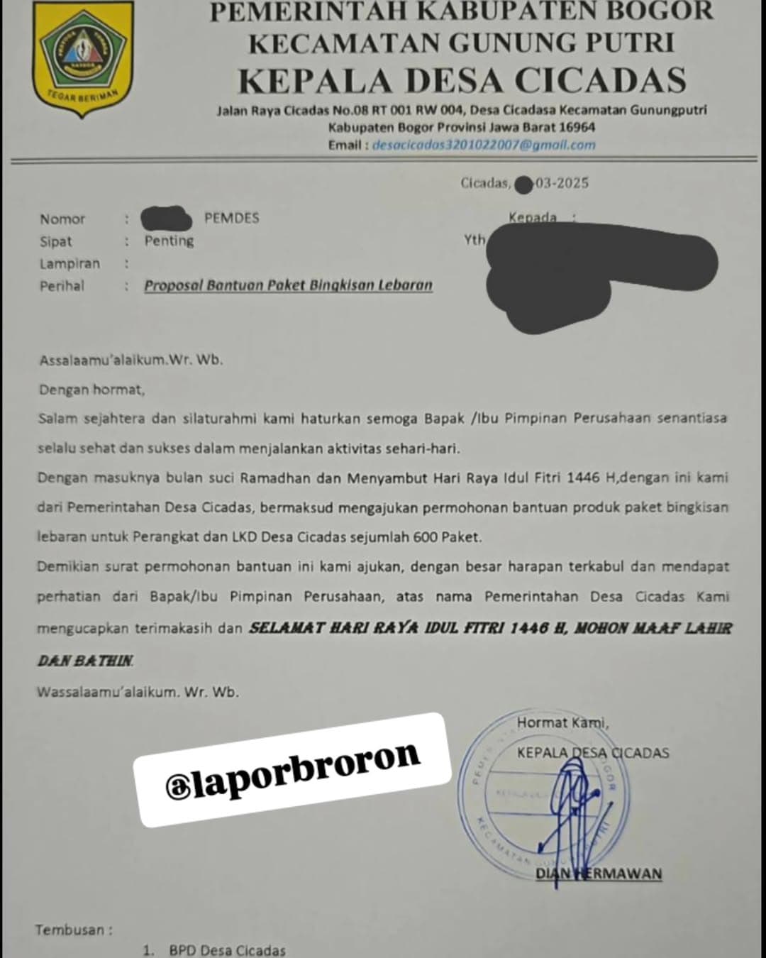 Bukan Cuma Klapanunggal! Kades Cicadas Gunung Putri juga Minta THR ke Perusahaan, Kali Ini Bingkisan Sebanyak 600 Paket