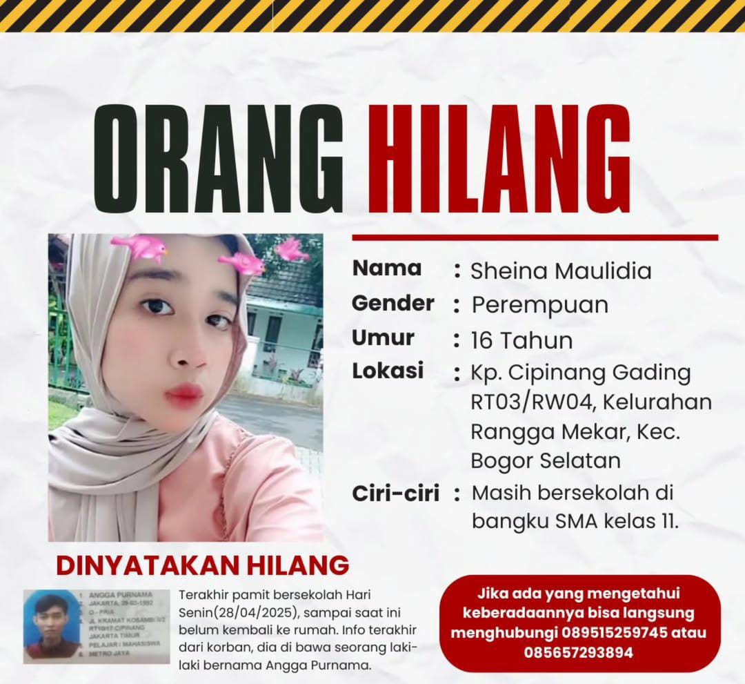 Pamit Sekolah Sejak April Lalu, Sheina Maulida Remaja Asal Kota Bogor Dilaporkan Hilang