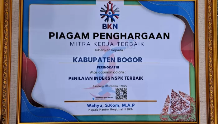 BKPSDM Kabupaten Bogor Raih Peringkat 3 Indeks NSPK Terbaik se-Jawa Barat
